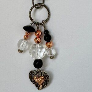 Necklace handmade 3 tier dangle silver heart copper black clear glass OOAK